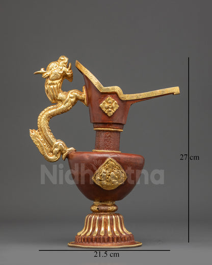 Front view Nepalese copper bumba ritual vessel with gold plating and dragon handle