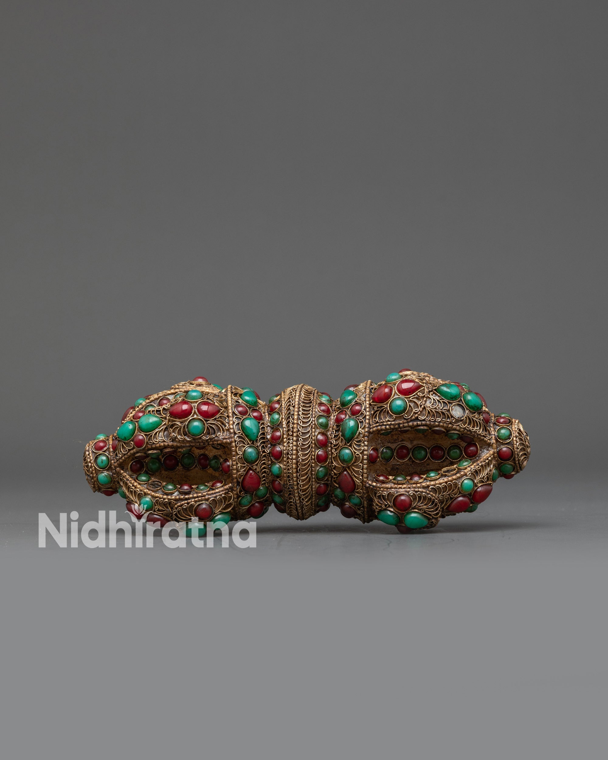 Front view Nepalese stone-inlaid Vajra with turquoise and coral