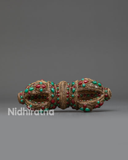 Front view Nepalese stone-inlaid Vajra with turquoise and coral