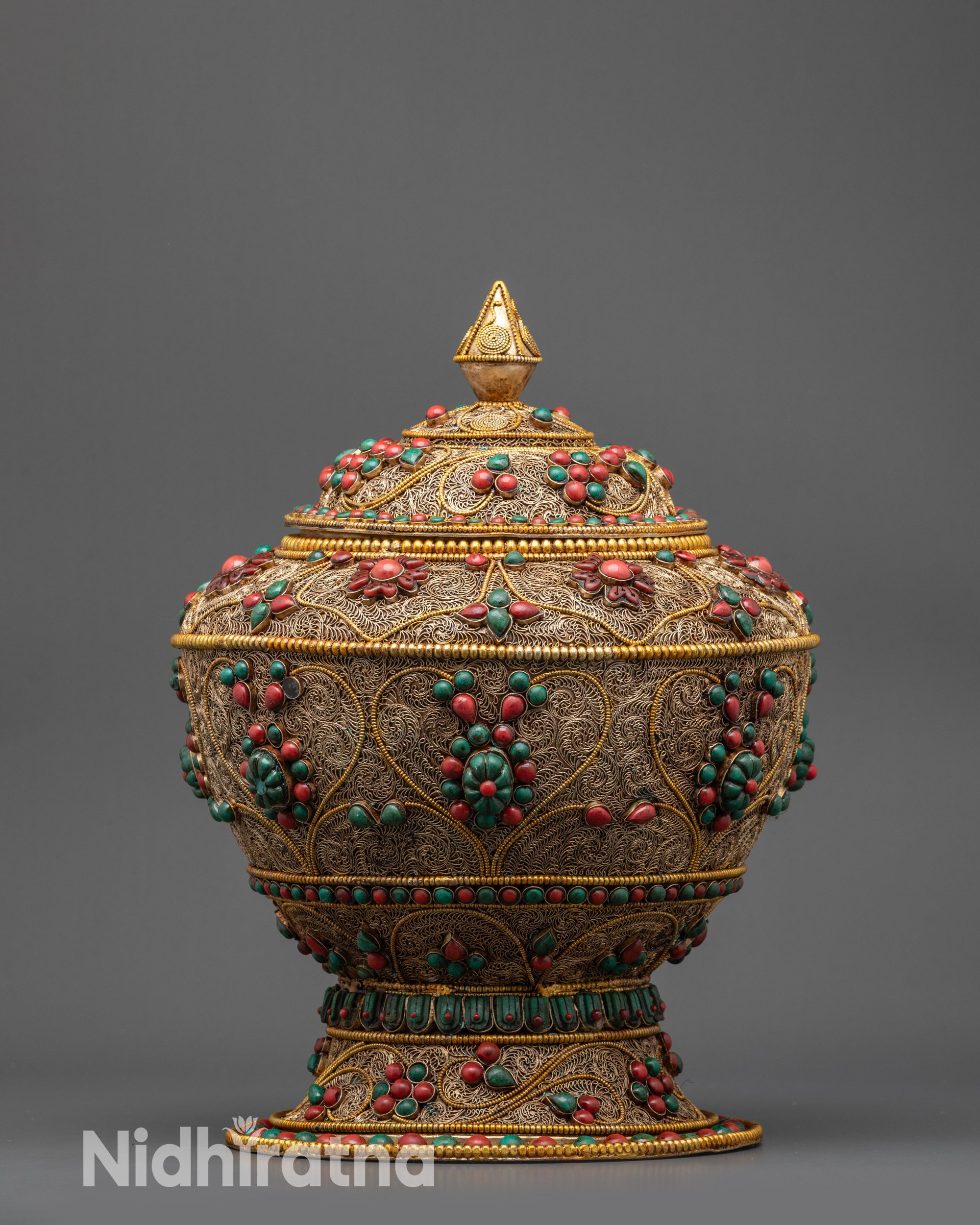 Front view Neshi Rice Pot with gold filigree and turquoise coral gemstones for offerings