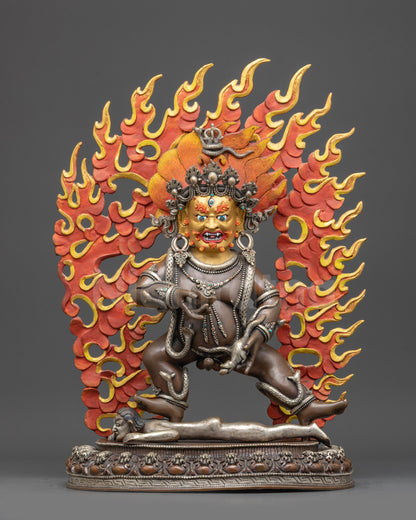 Front view Oxidized Black Dzambhala statue on lotus with wrathful pose and gold face
