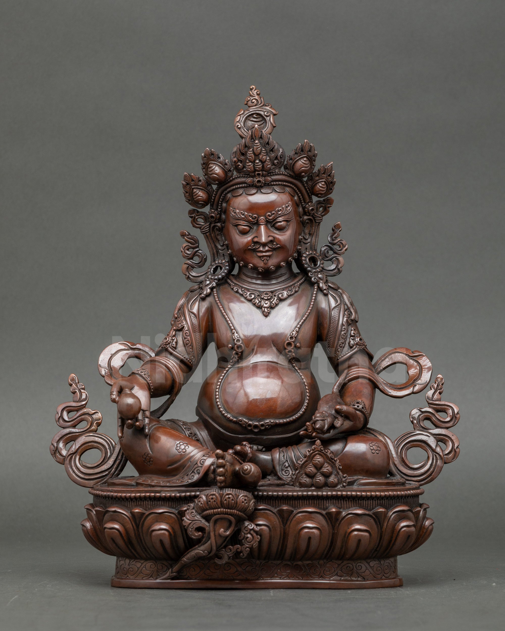 Front view Oxidized Dzambhala Statue on lotus throne, Nepalese Buddhist prosperity deity