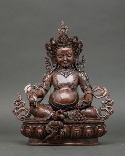 Front view Oxidized Dzambhala Statue on lotus throne, Nepalese Buddhist prosperity deity