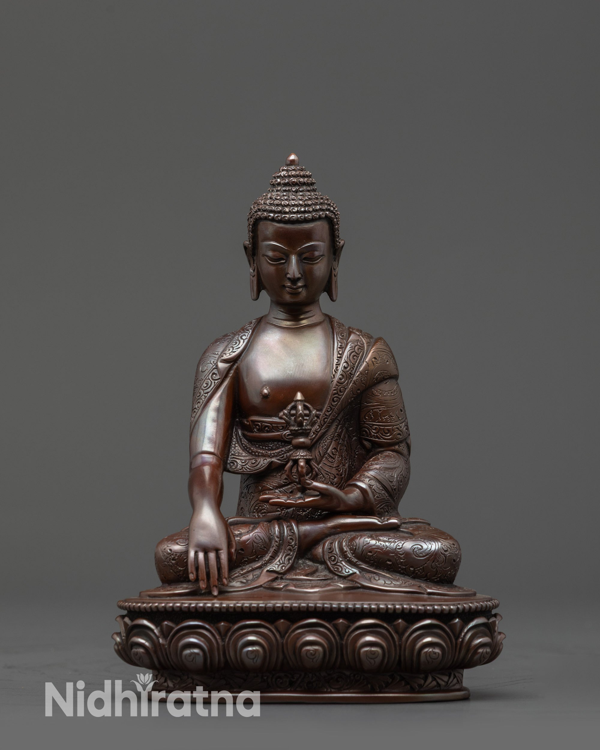 Front view Oxidized Mitrugpa Buddha Statue seated on lotus base, Bhumisparsha Mudra