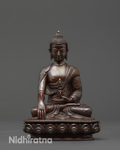 Front view Oxidized Mitrugpa Buddha Statue seated on lotus base, Bhumisparsha Mudra