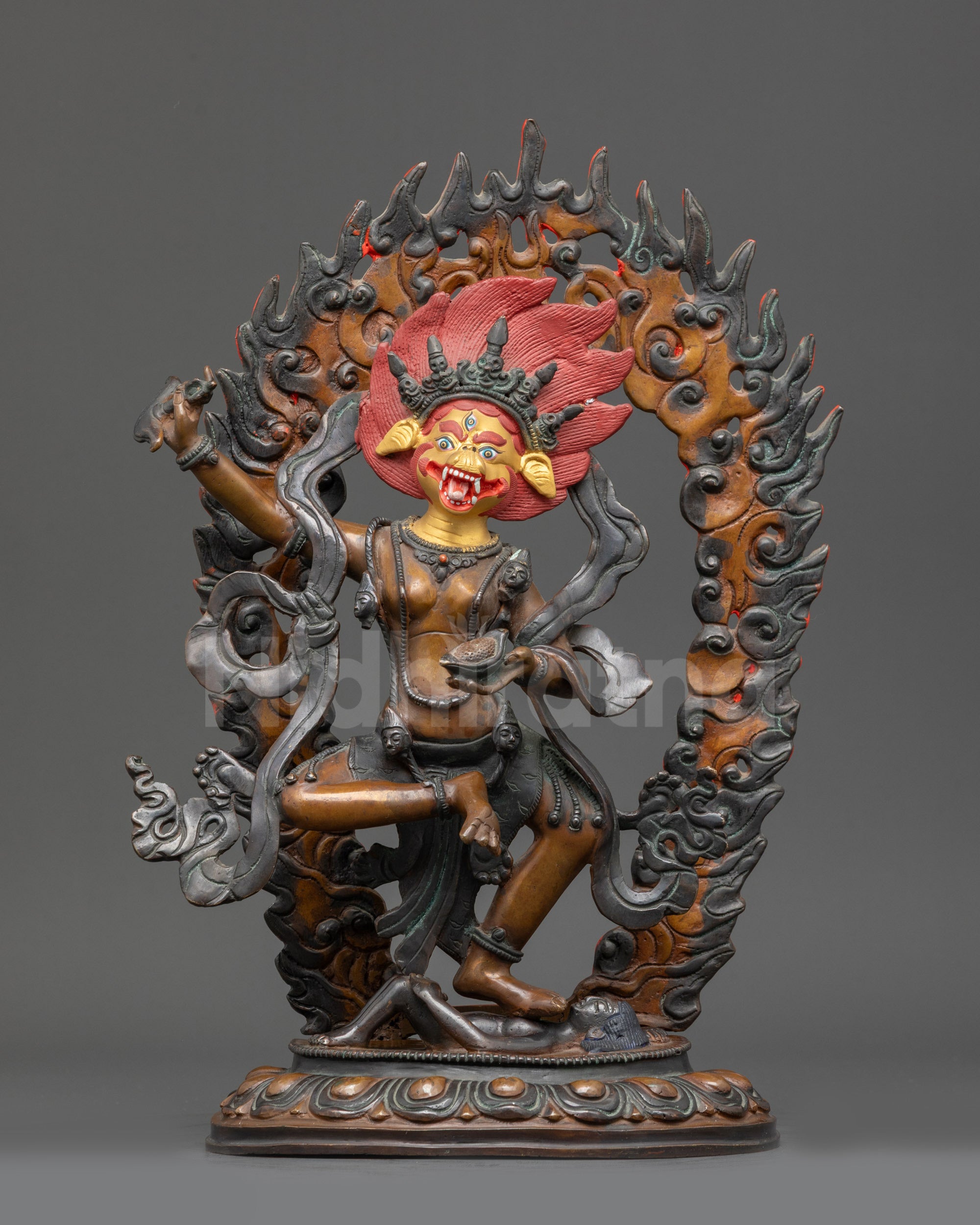Front view Oxidized Simha Mukha Statue Lion-Headed Dakini on lotus seat