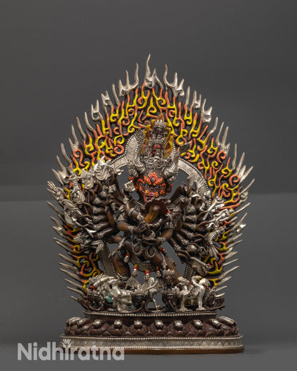 Front view Oxidized Vajrabhairava Yamantaka with Consort Statue, silver plated finish
