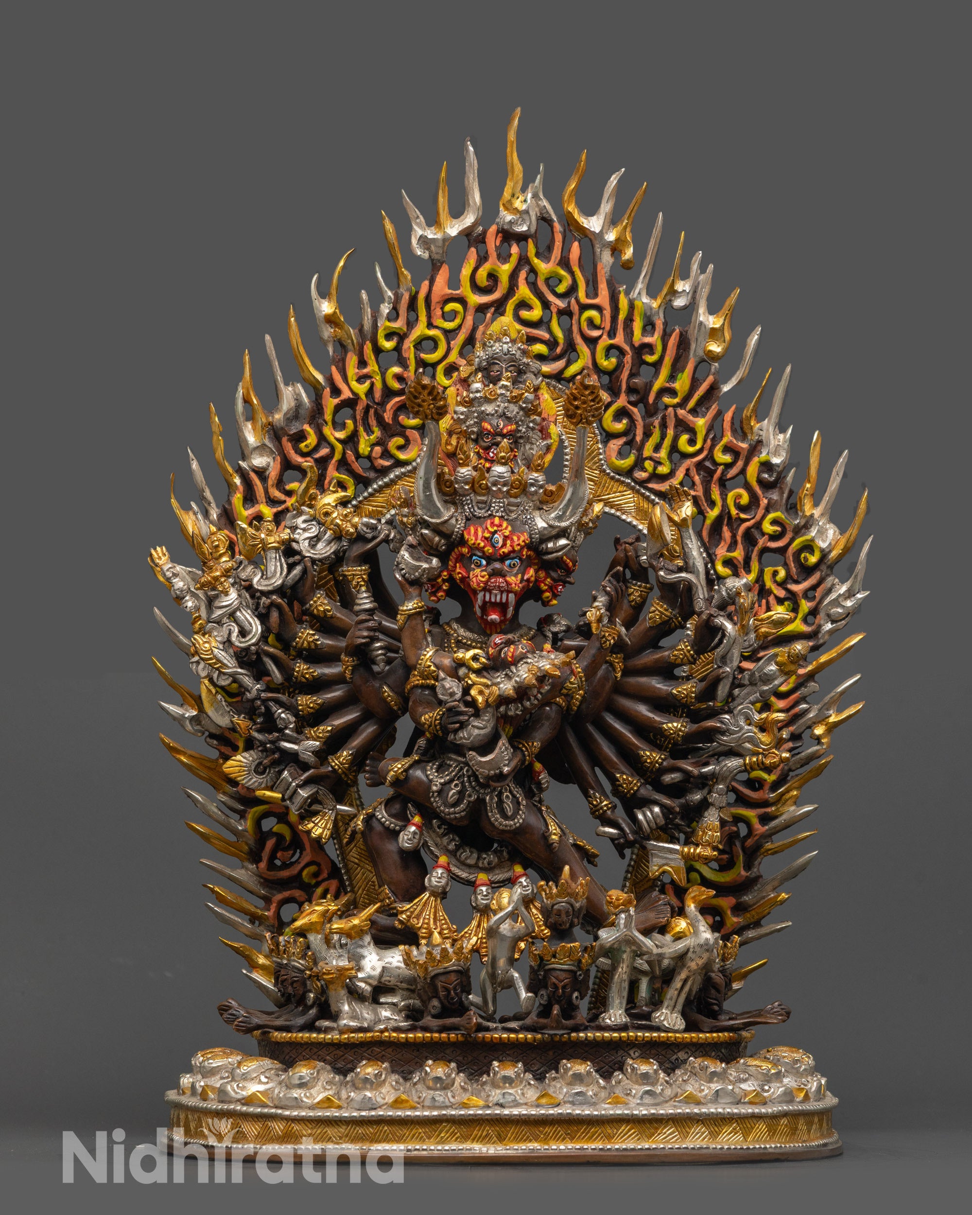 Front view Oxidized Yamantaka Statue with nine faces and sixteen arms in consort pose