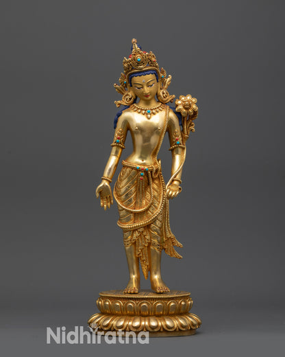 Front view Padmapani statue on double-lotus seat with gold-gilded face
