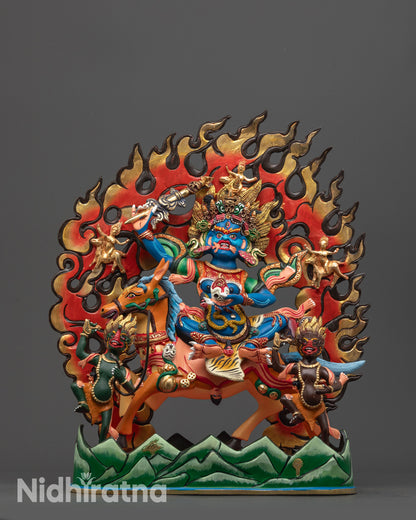 Front view Palden Lhamo statue with mule, crown, staff and gold-plated halo
