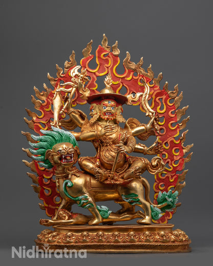 Front view Pehar Gyalpo statue with gold fire-gilded body and three heads on snow lion
