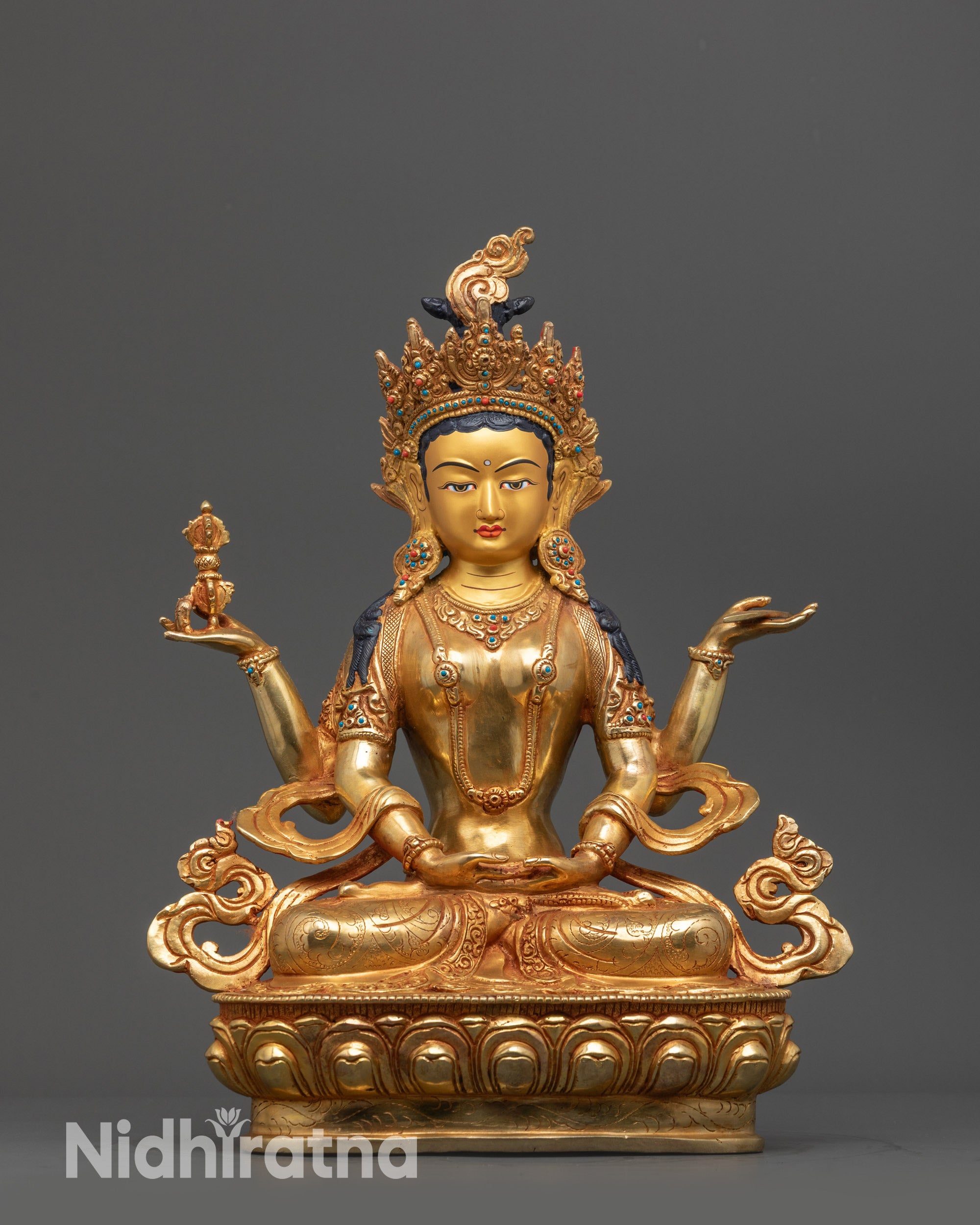 Front view Prajna Paramita Statue with 24K gold face and gold fire-gilded body