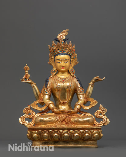 Front view Prajna Paramita Statue with 24K gold face and gold fire-gilded body