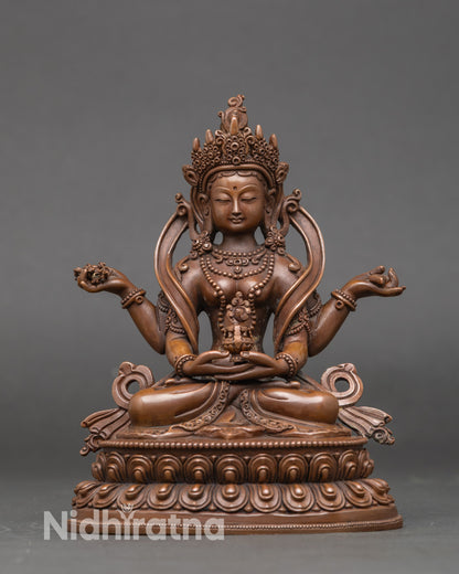 Front view Prajnaparamita statue seated on double lotus throne Nepalese copper goddess