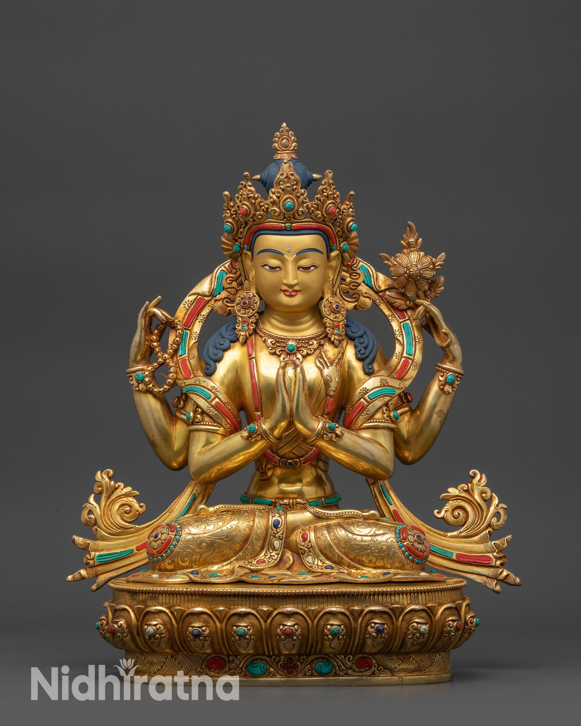 Front view Premium Chenrezig Statue seated on lotus pedestal with gold-gilded face