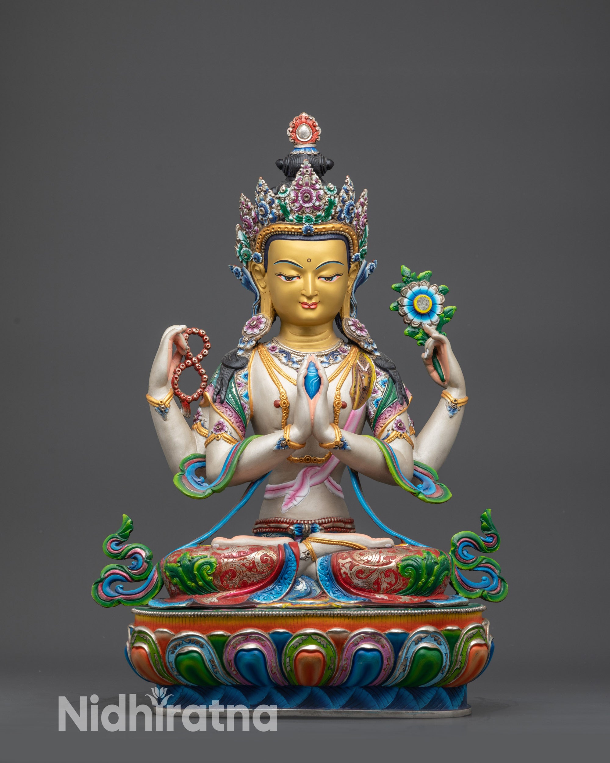 Front view Premium Chenrezig Statue with gold-gilded face and painted robes