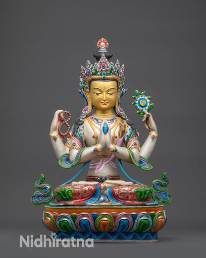 Front view Premium Chenrezig Statue with gold-gilded face and painted robes