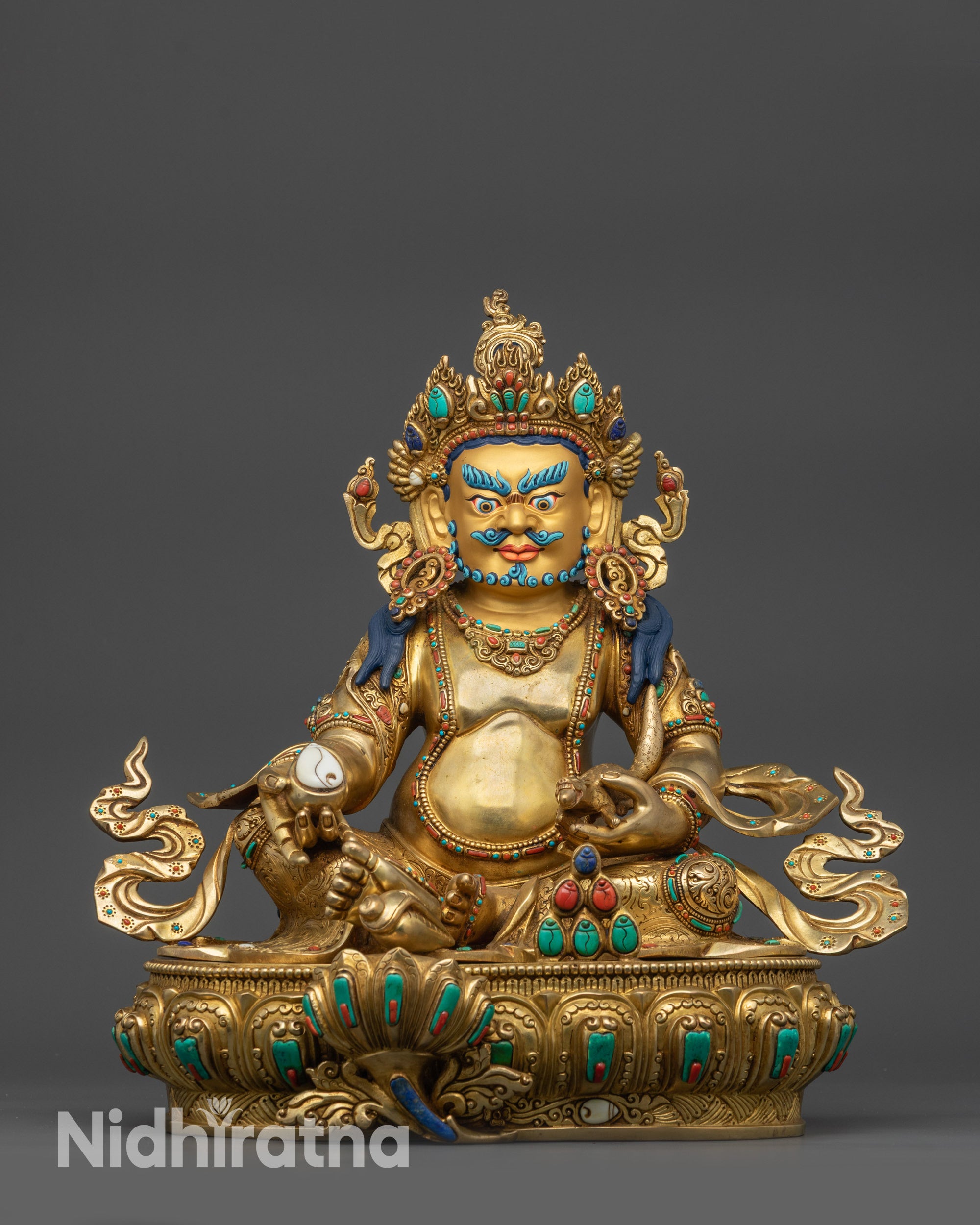 Front view Premium Dzambhala Statue with shell crown and lotus seat