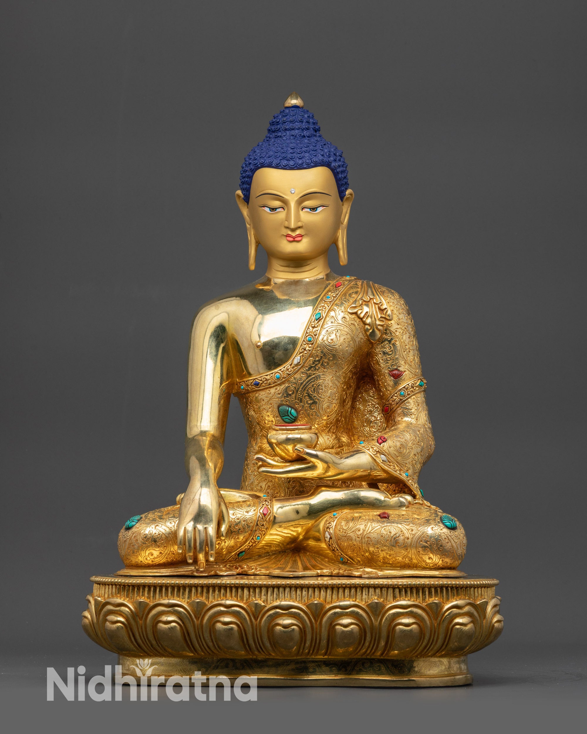 Front view Premium Lord Buddha Shakyamuni Sculpture with lotus seat and gold gilding
