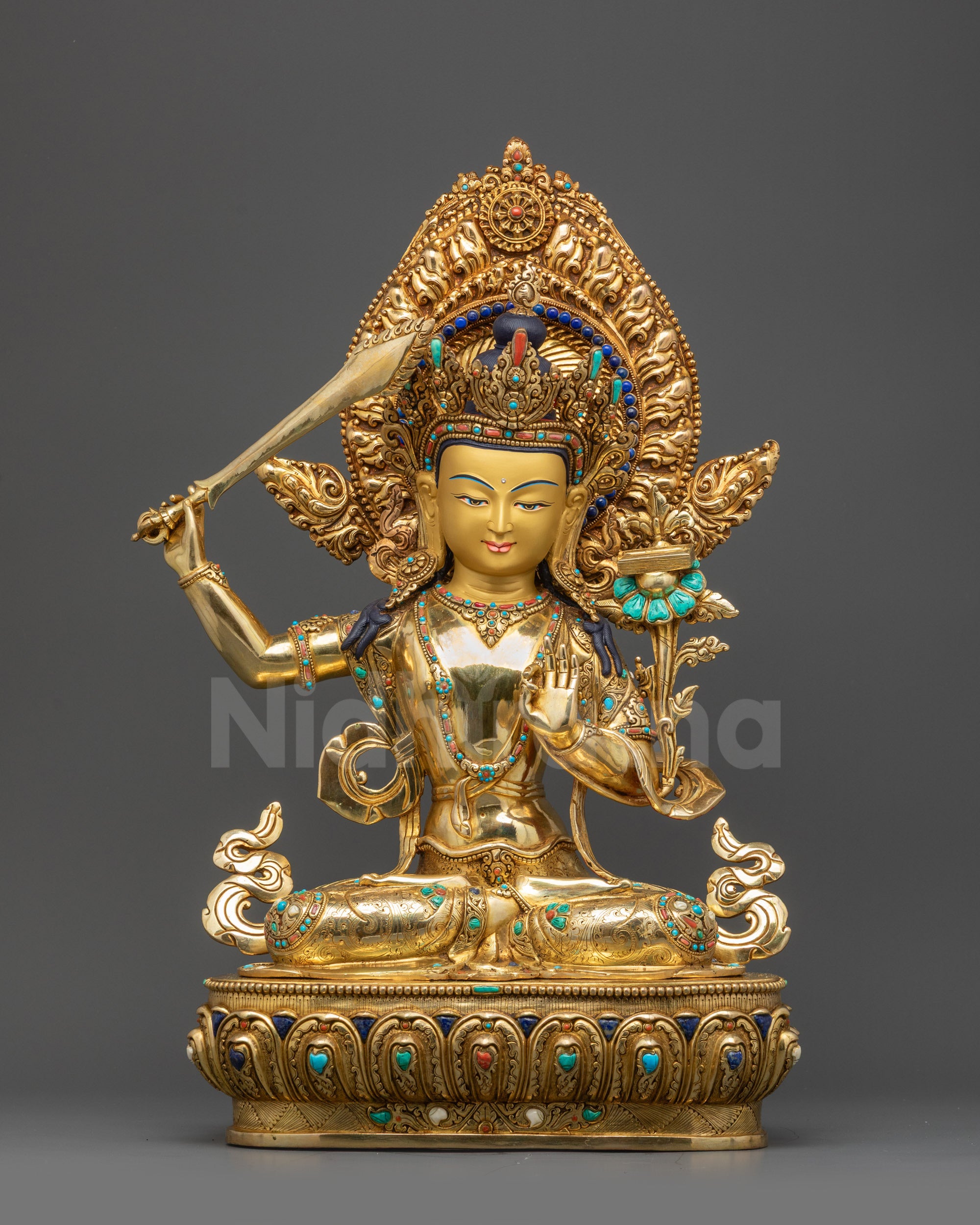 Front view Premium Manjushri Statue with gold-gilded face, lotus base and Dharma Wheel halo

