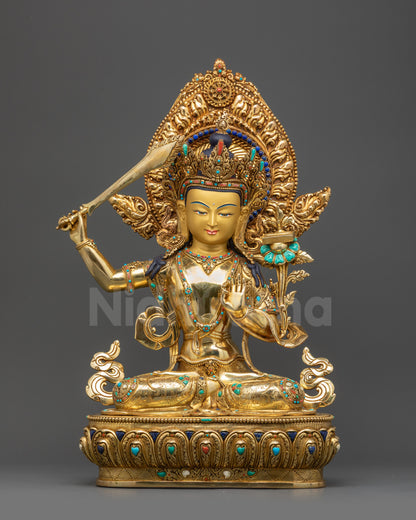 Front view Premium Manjushri Statue with gold-gilded face, lotus base and Dharma Wheel halo

