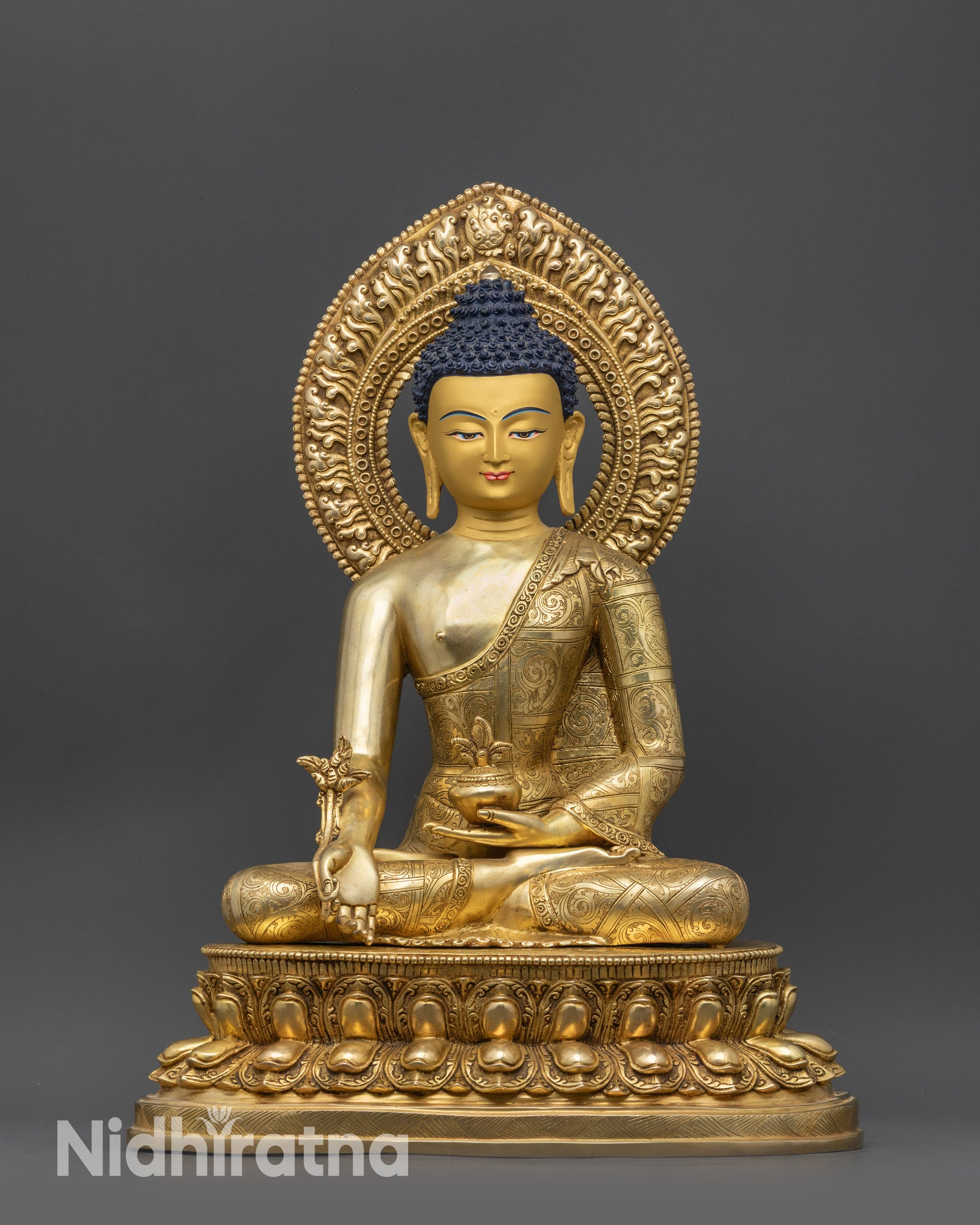 Front view Premium Medicine Buddha statue on lotus seat with dharma wheel and deer
