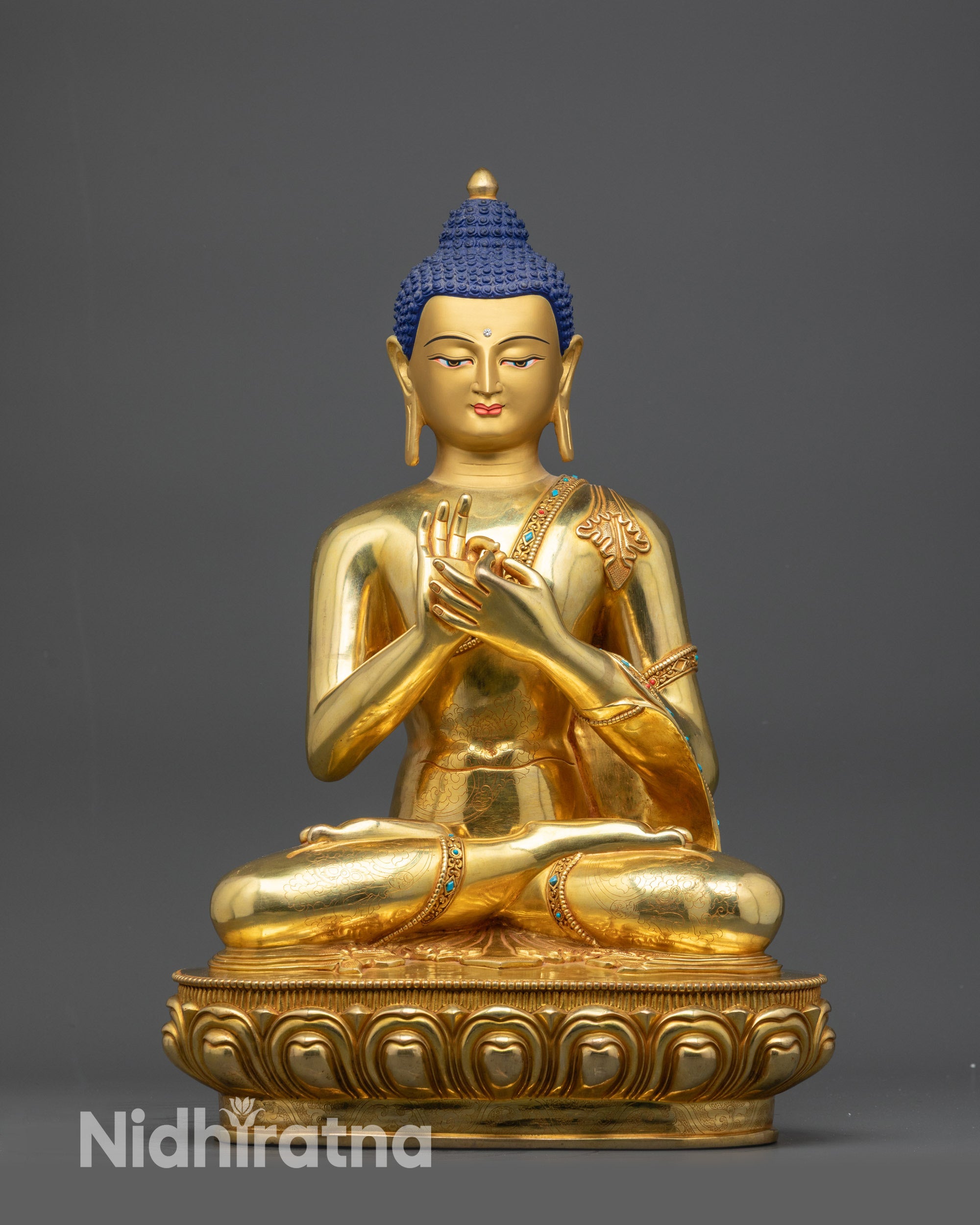 Front view Premium Nepalese Vairocana Buddha statue seated on lotus pedestal