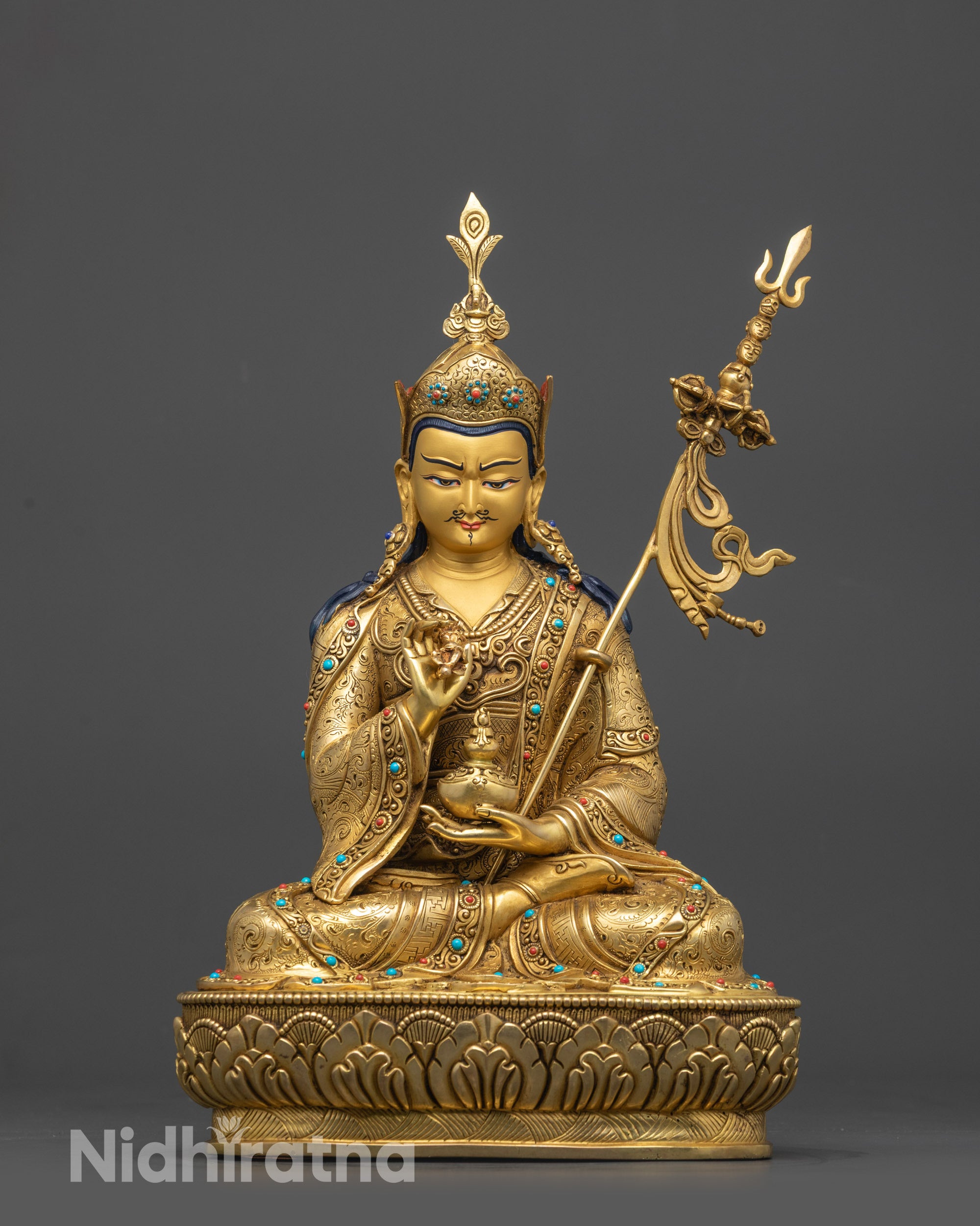 Front view Premium Tsokye Dorje Statue with gold-fire gilding and lotus seat
