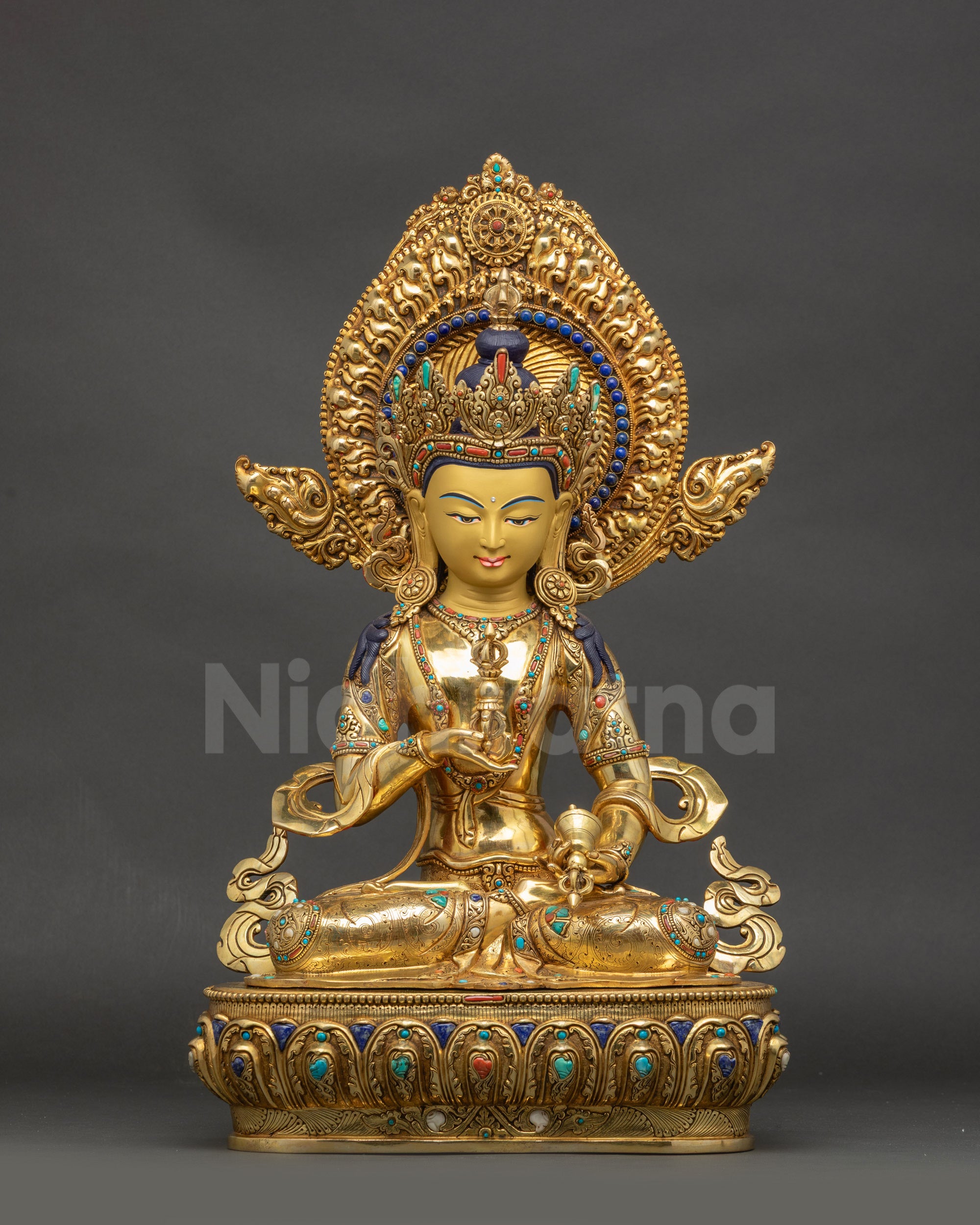 Front view Premium Vajrasattva Dorje Sempa sculpture gold-gilded copper lotus pedestal