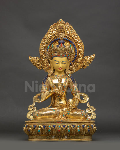 Front view Premium Vajrasattva Dorje Sempa sculpture gold-gilded copper lotus pedestal