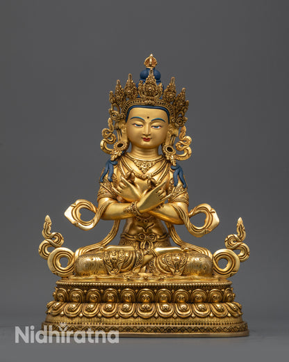 Front view Primordial Vajradhara Sculpture with Five-Jeweled Crown on double-lotus seat
