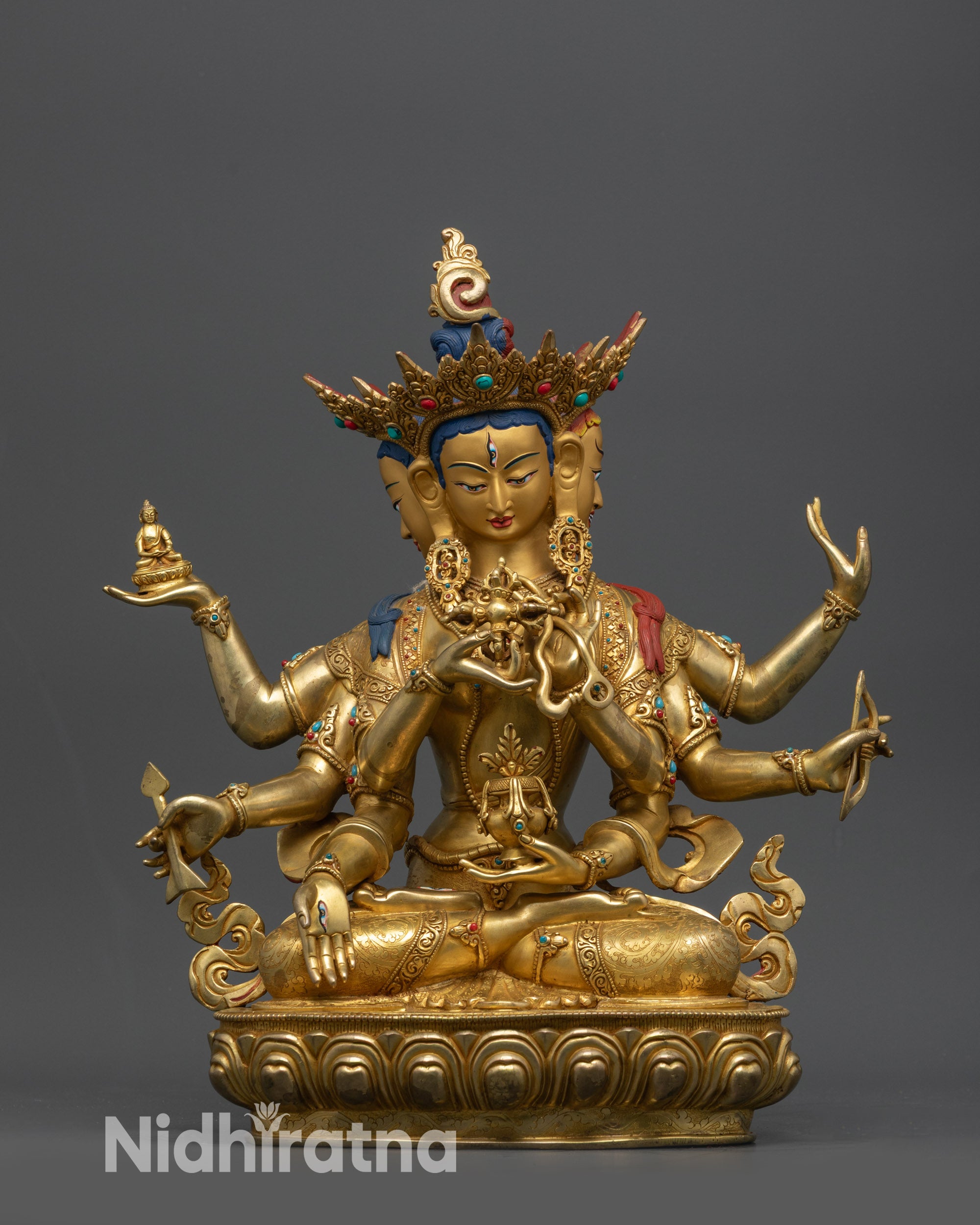 Front view Protector of Life Ushnishavijaya Namgyalma Statue with lotus seat and carvings