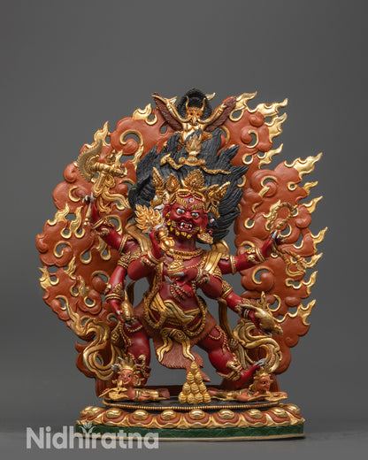 Front view Red Dzambhala standing statue with gold-plated robe and vibrant red body
