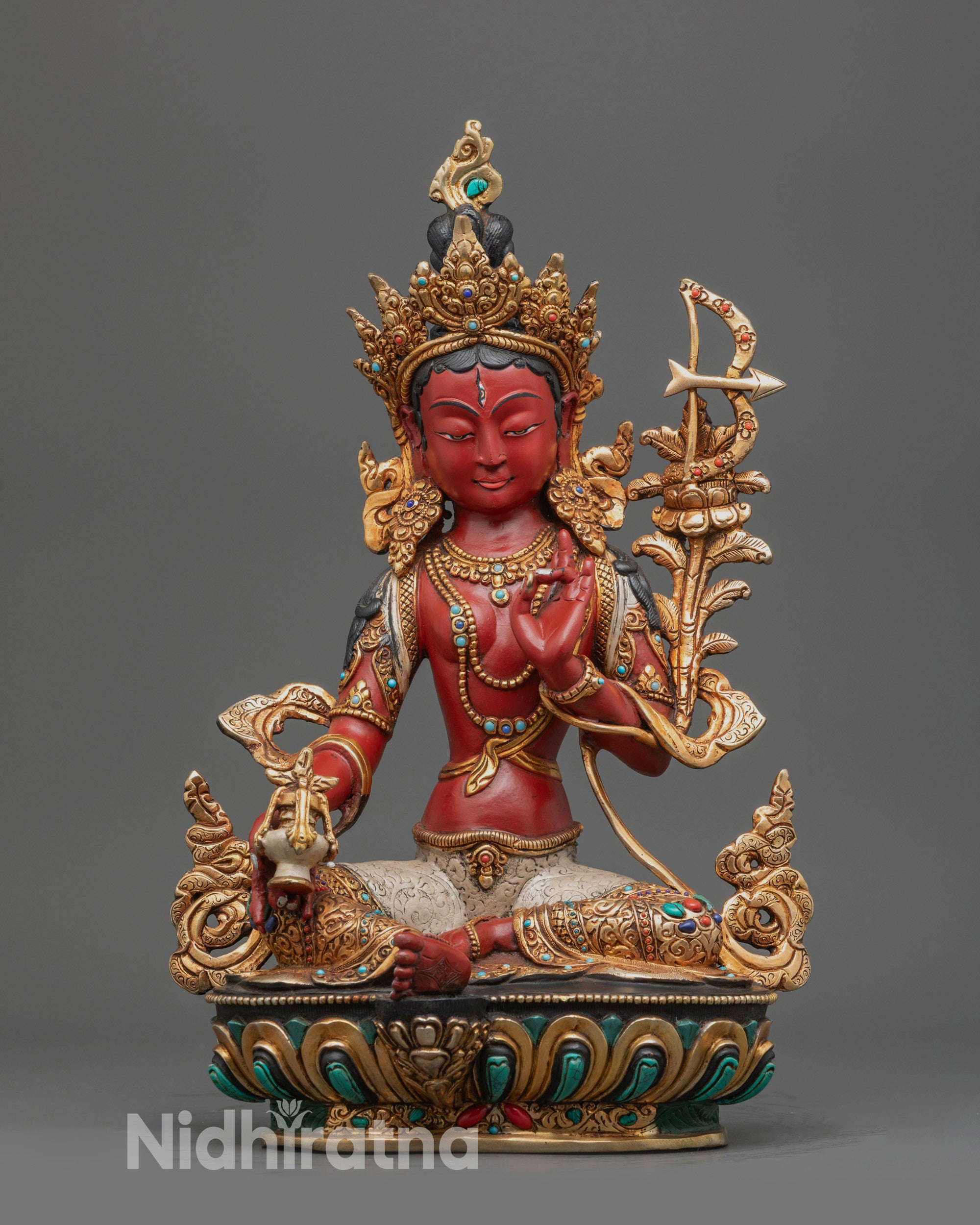 Front view Red Tara Statue hand-painted red hues on lotus seat with gold jewelry from Nepal