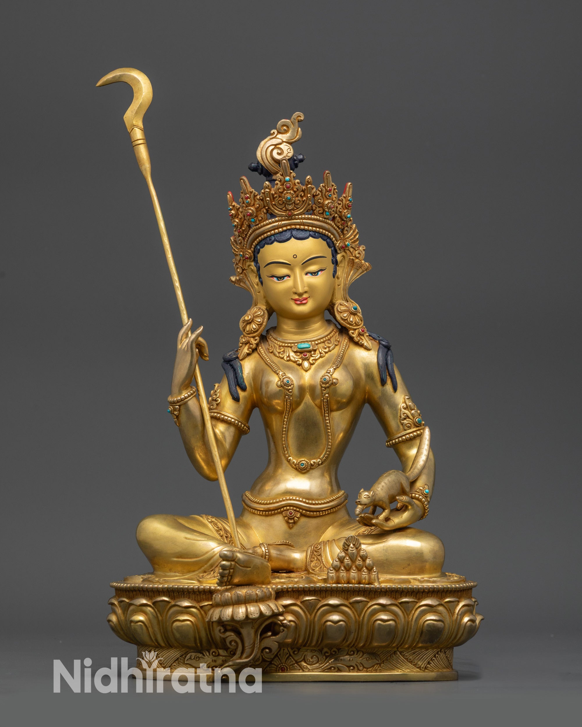 Front view Red Tara Wish-Fulfilling Tara meditation statue on lotus pedestal
