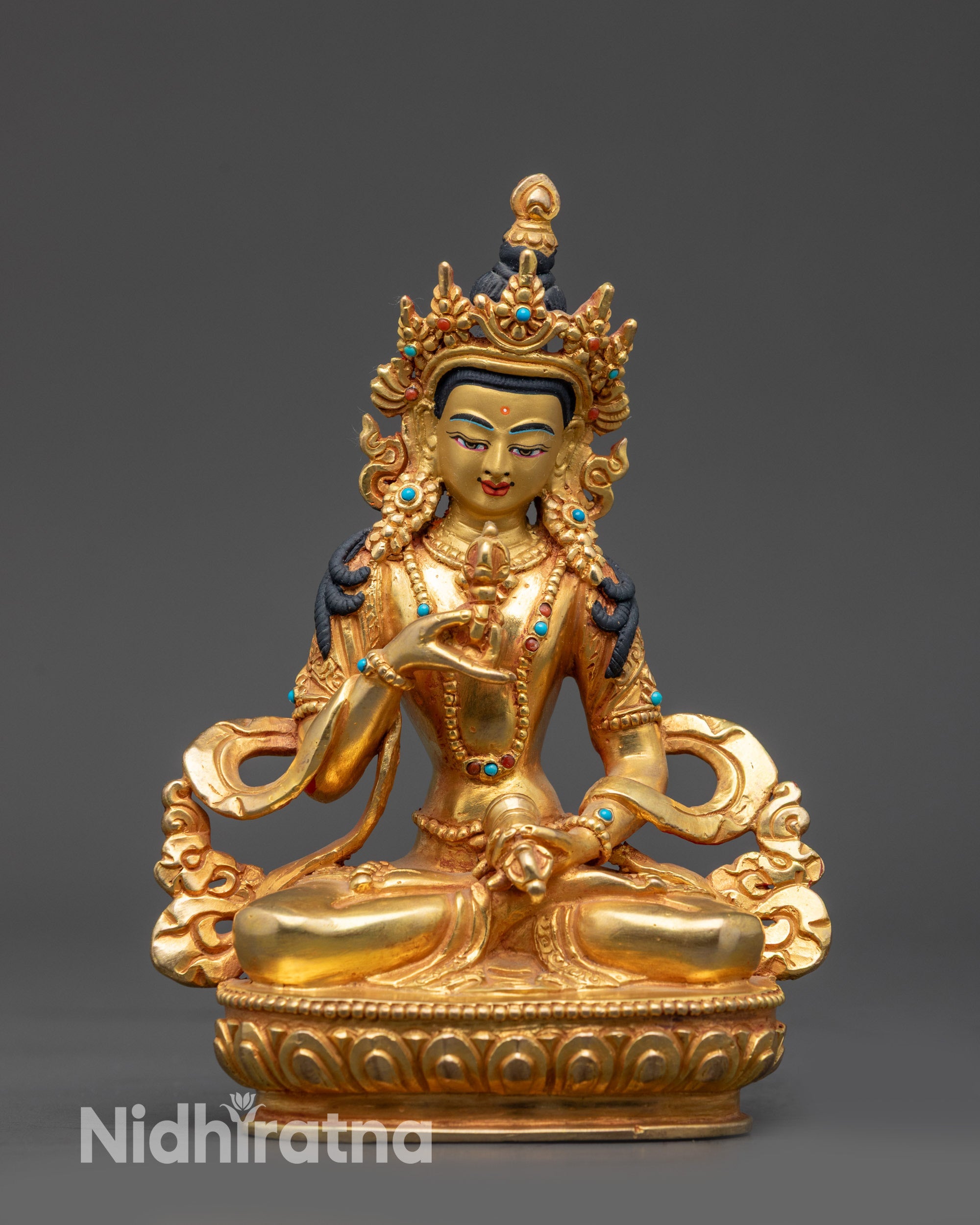 Front view Ritual Vajrasattva Statue with gold fire-gilding and semi-precious stones
