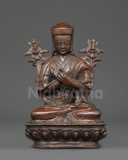 Front view Sacred Je Tsongkhapa Statue oxidized copper monk seated on lotus Himalayan art
