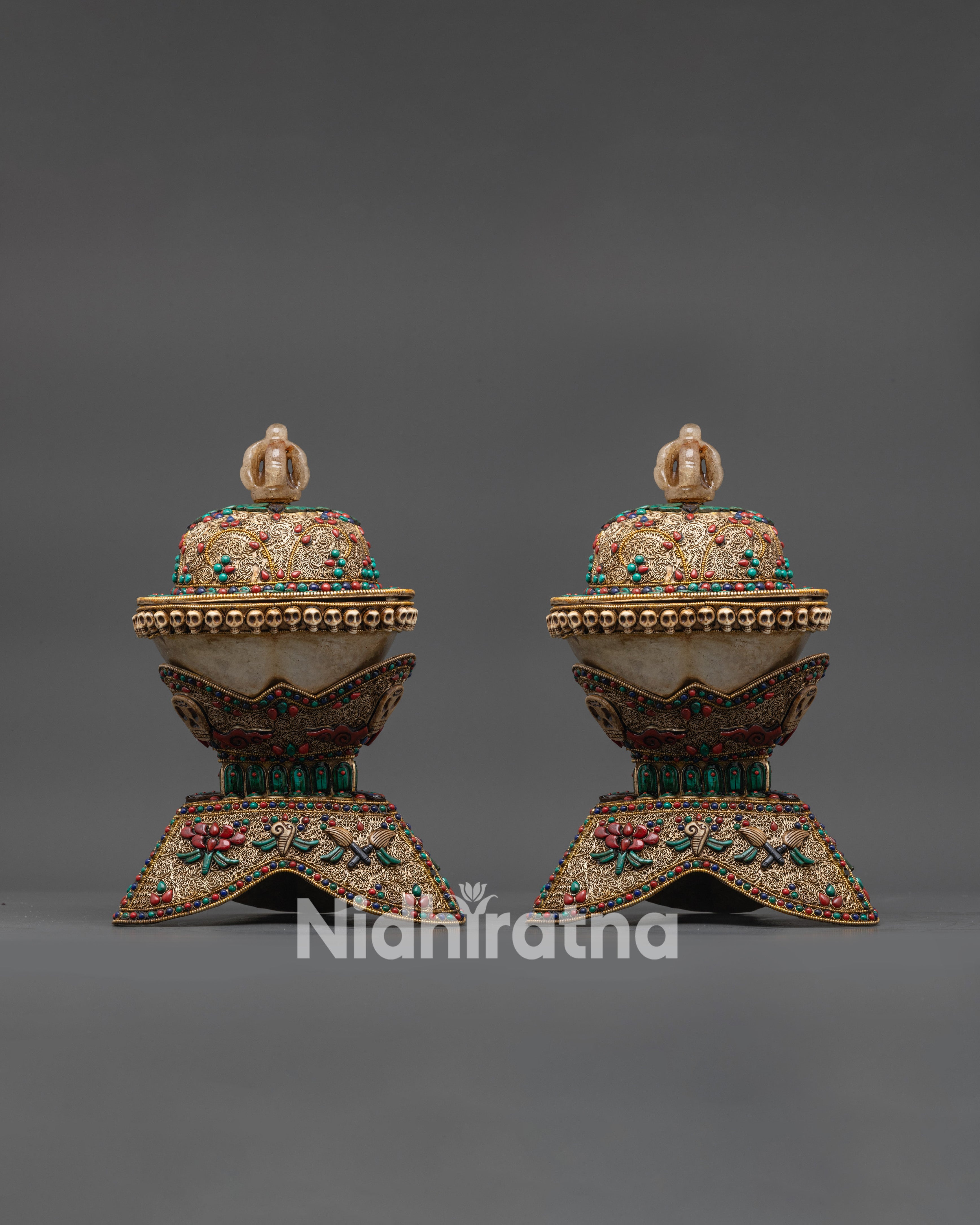 Front view Sacred Tibetan Kapala Set with silver and gold-plated filigree and stones