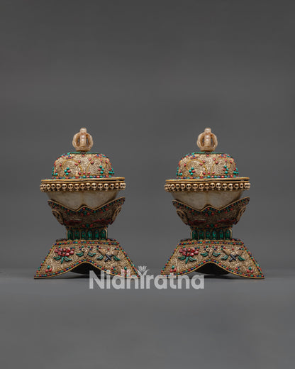 Front view Sacred Tibetan Kapala Set with silver and gold-plated filigree and stones