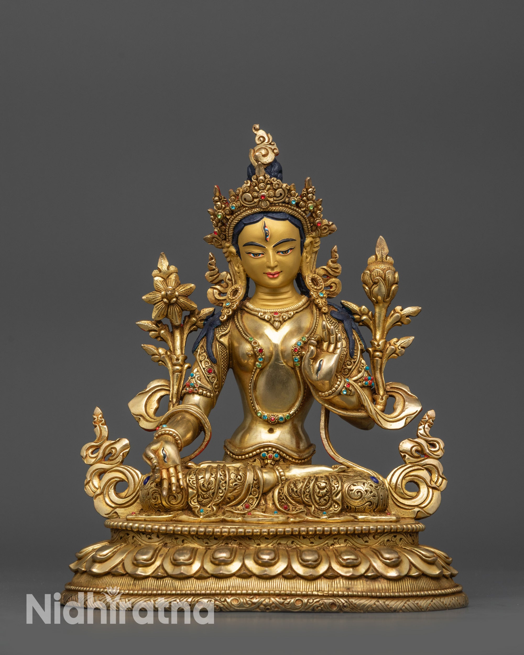 Front view Sacred White Tara Statue with lotus seat and Five-Jeweled Crown