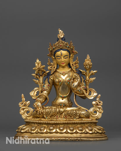 Front view Sacred White Tara Statue with lotus seat and Five-Jeweled Crown