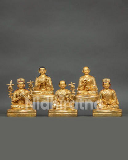 Front view Sakya Masters statue set, five Sakya lineage founders, gold-gilded copper