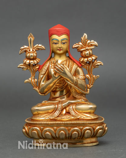 Front view Sakya Pandita gold gilded copper Buddhist teacher statue