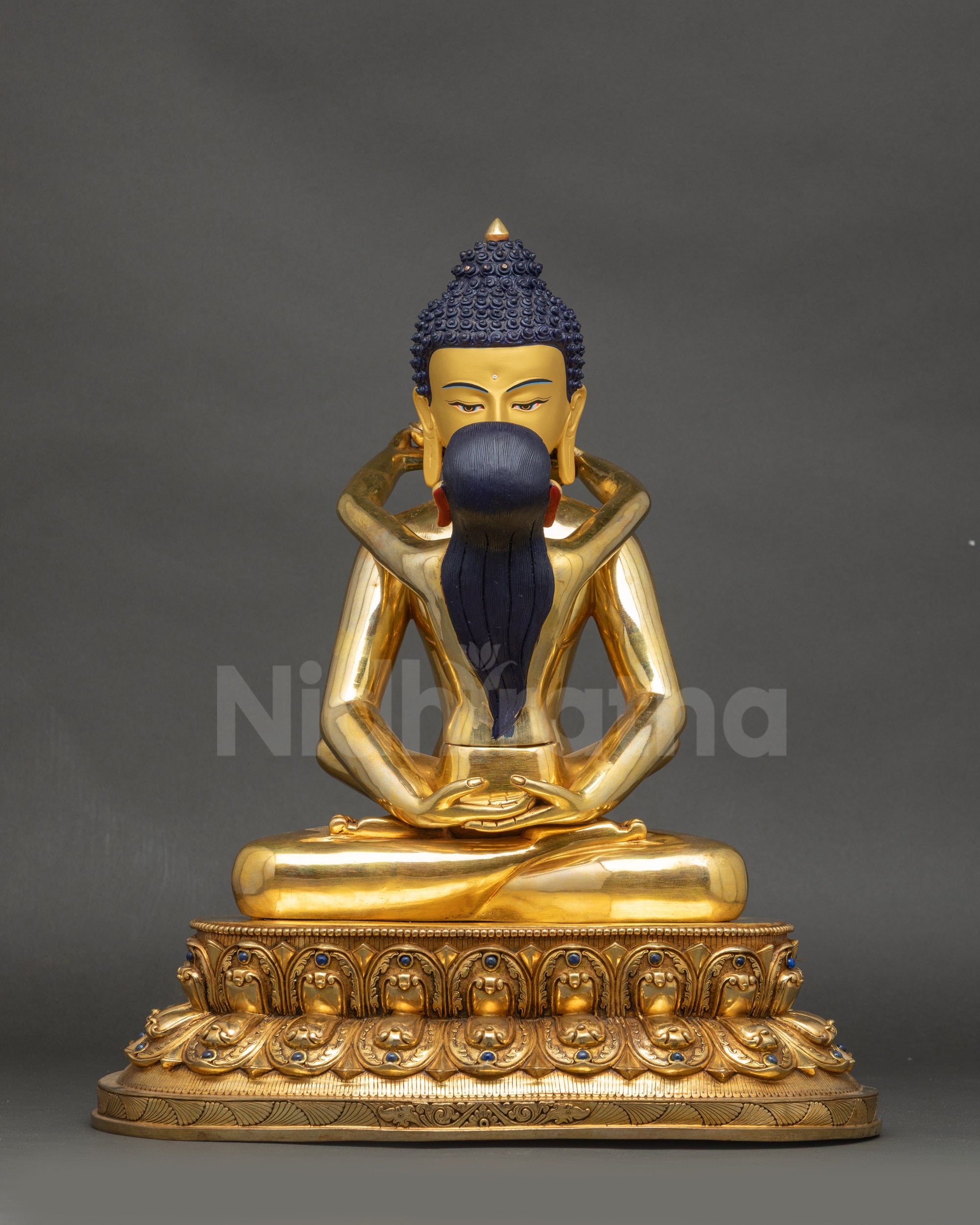Front view Samantabhadra Yab Yum Adibuddha sculpture on lotus pedestal copper gold-gilded