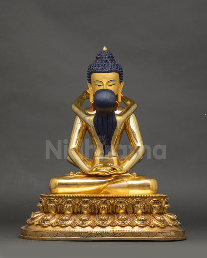 Front view Samantabhadra Yab Yum Adibuddha sculpture on lotus pedestal copper gold-gilded