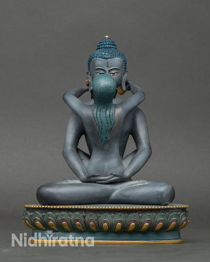Front view Samantabhadra and Consort statue, handcrafted Nepalese copper, blue-grey body