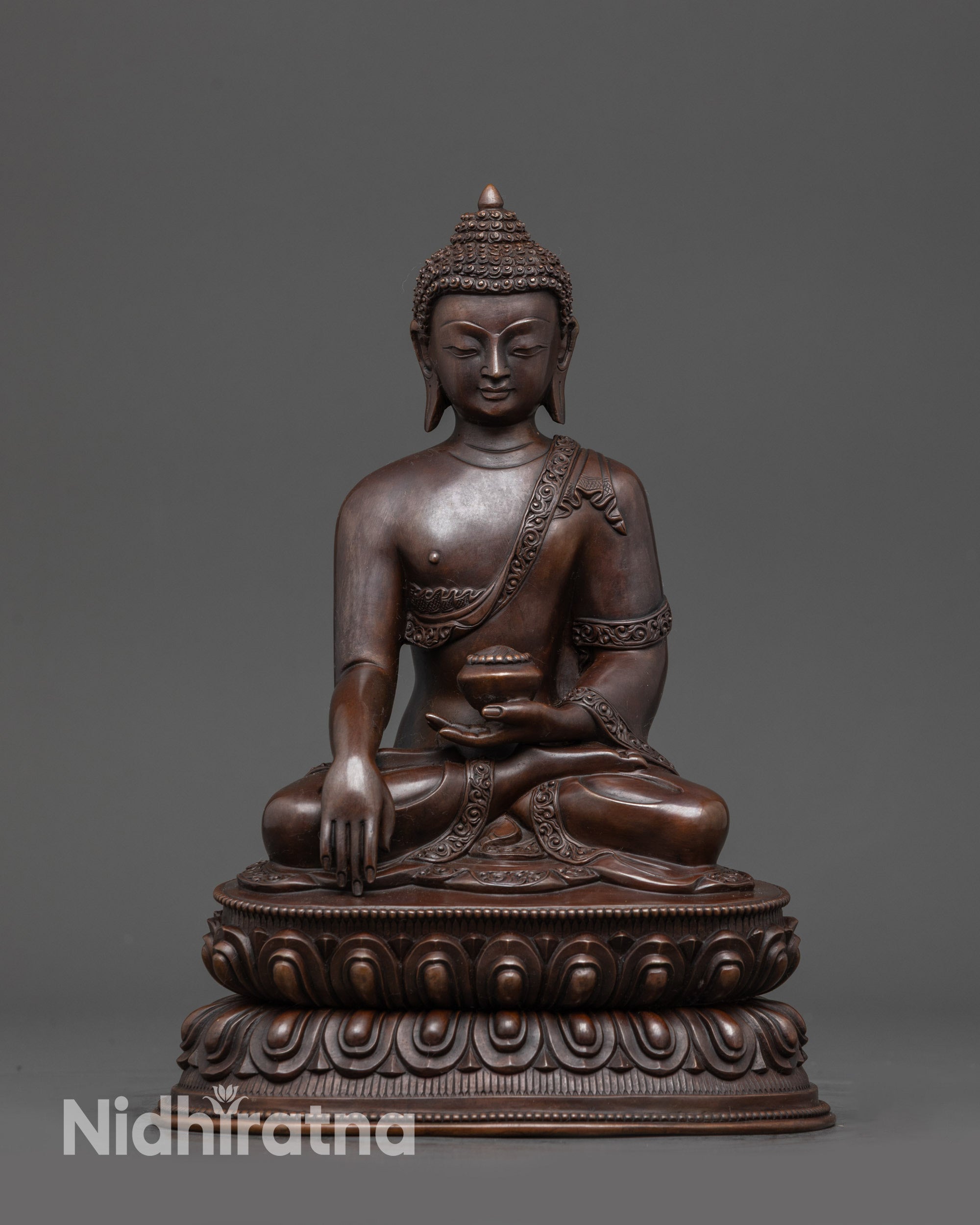 Front view: Serene Shakyamuni Buddha Statue front view on lotus seat for home decor
