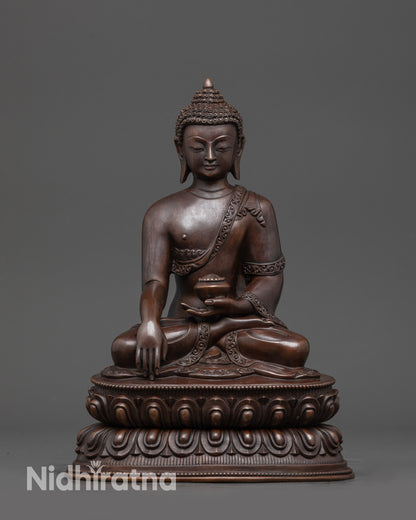 Front view: Serene Shakyamuni Buddha Statue front view on lotus seat for home decor

