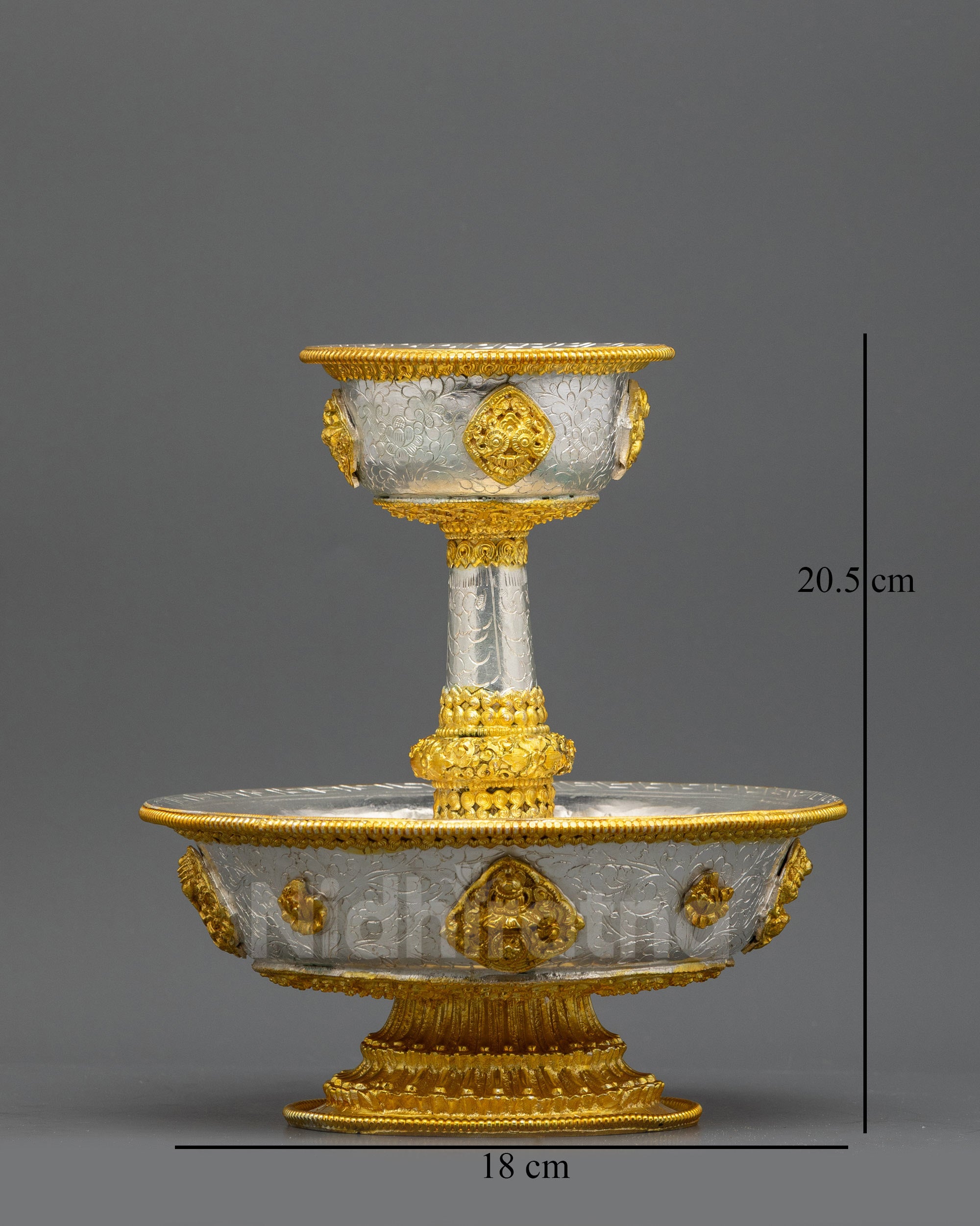 Front view Serkyem Offering Tibetan altar vessel with gold and silver-plated finish
