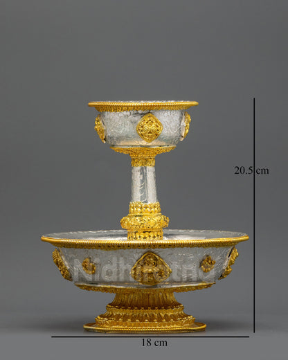Front view Serkyem Offering Tibetan altar vessel with gold and silver-plated finish
